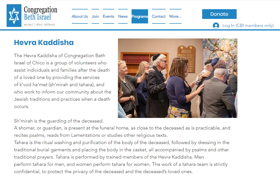 Description of Hevra Kaddisha at Congregation Beth Israel