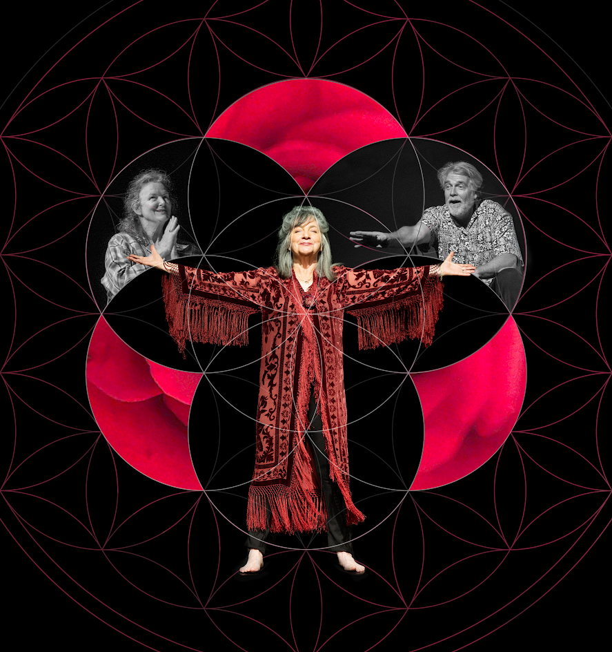 Stephanie Weisman with outstretched arms in center of photo, with one woman praying on her left side and a man reaching out to her from the right side.