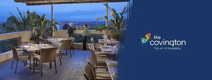 The Covington logo on blue background next to view of outdoor dining room